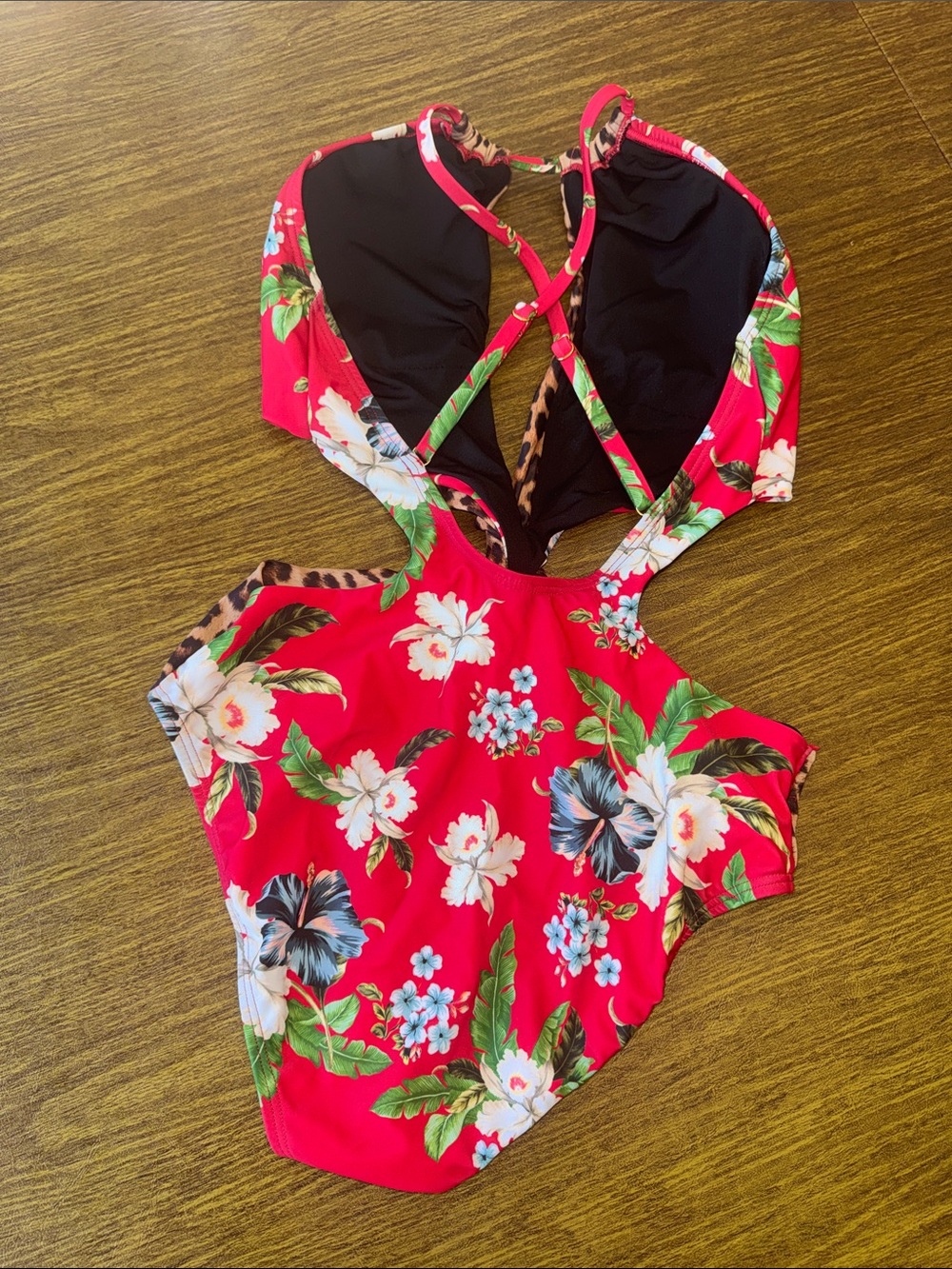 VENUS Red Floral One-Piece with Leopard Trim - Picture 3 of 4